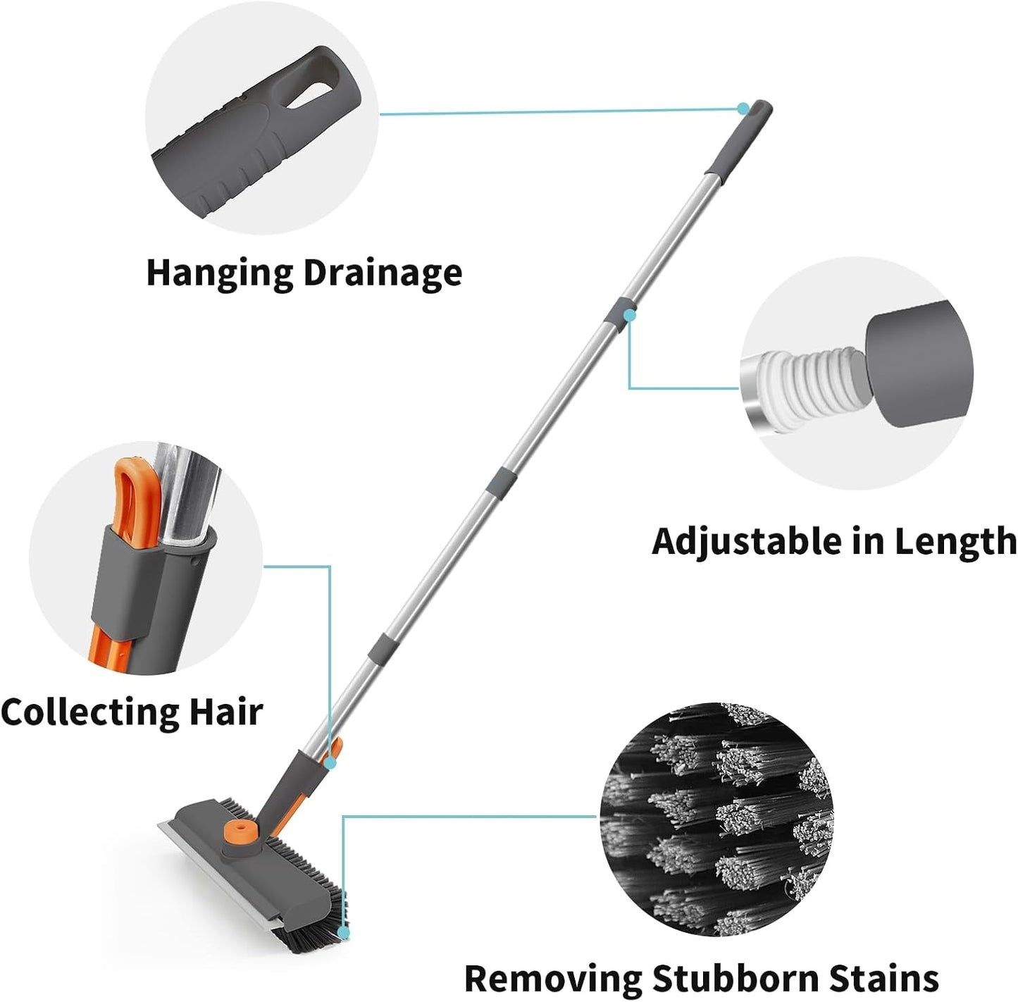 Floor Scrub Brush with Long Handle, 3 in 1 Scrape and Heavy-Duty Stiff Bristle Scrubber Brush Broom for Cleaning Shower Bathroom, Patio, Pool, Garage, Kitchen, Wall and Deck (White, 1 Pack)