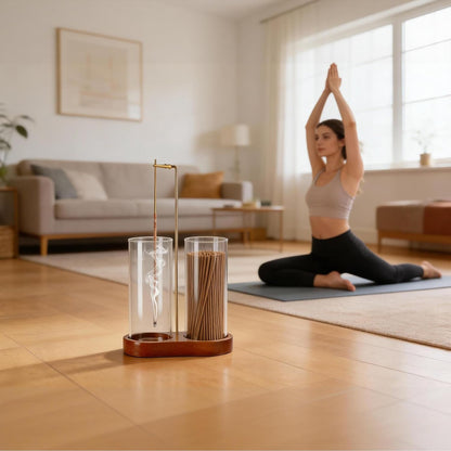 Incense Holder for Sticks with 2 Glass Ash Catchers, Wooden Incense Burner with Cleaning Brush, Anti-Ash Flying Incense Stick Holder for Meditation, Yoga, Spa, Home Decor