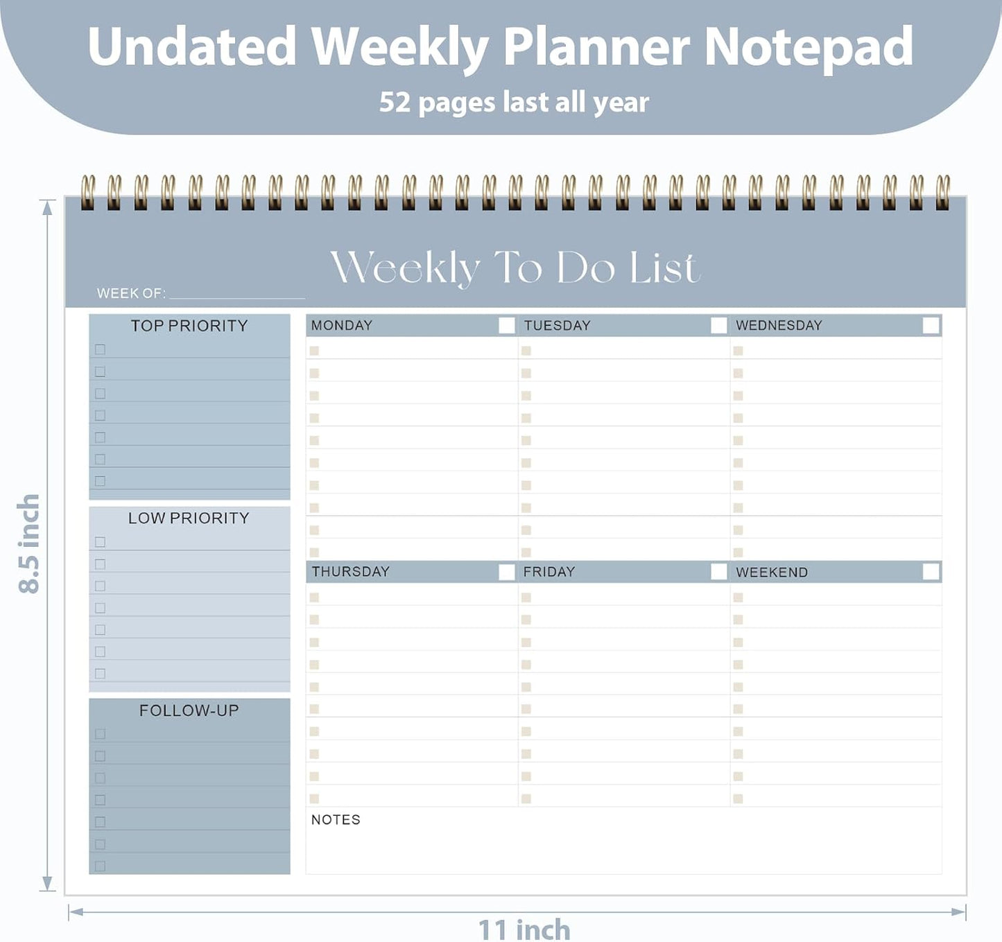 Weekly To Do List Notepad, Undated Planner with 52 Sheets (8.5''x11'') | Desk Accessories and Supplies, Women & Man, Home School & Work