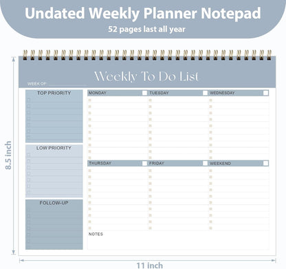 Weekly To Do List Notepad, Undated Planner with 52 Sheets (8.5''x11'') | Desk Accessories and Supplies, Women & Man, Home School & Work