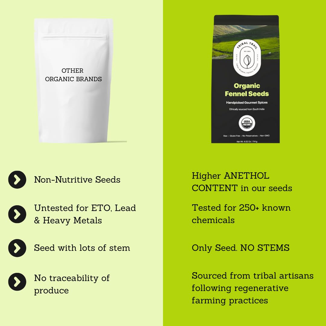 Tribal Trail Fennel Seeds Organic | 4.02 oz | USDA Organic & Non-GMO | Recyclable Kraft Bags | Best for Tea, Smoothies & Cooking | Ethically Sourced Spices from South India
