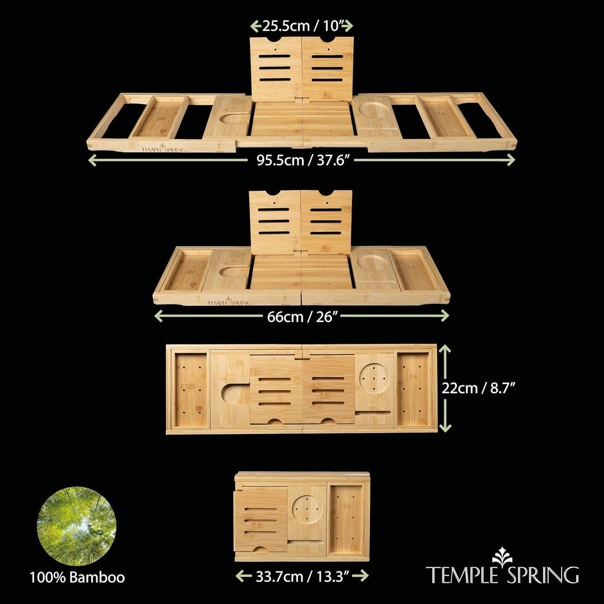 Temple Spring Bamboo Bathtub Tray Caddy for Tub — Expandable Wood Bath Tray with Solid Book Stand Wine Holder and Non-Slip Pads — Includes Bamboo Soap Dish and Spa Accessories — Luxury Bath Gift Set