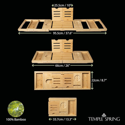 Temple Spring Bamboo Bathtub Tray Caddy for Tub — Expandable Wood Bath Tray with Solid Book Stand Wine Holder and Non-Slip Pads — Includes Bamboo Soap Dish and Spa Accessories — Luxury Bath Gift Set
