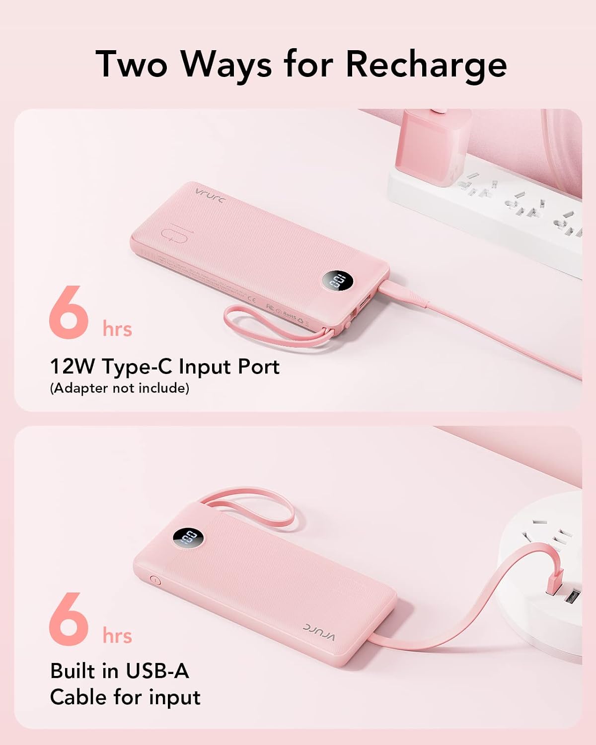 VRURC Portable Charger, Slim Power Bank Built-in 4 Cables, Travel Essential