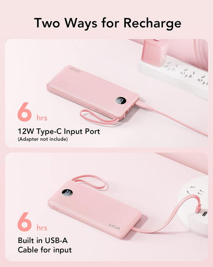 VRURC Portable Charger, Slim Power Bank Built-in 4 Cables, Travel Essential