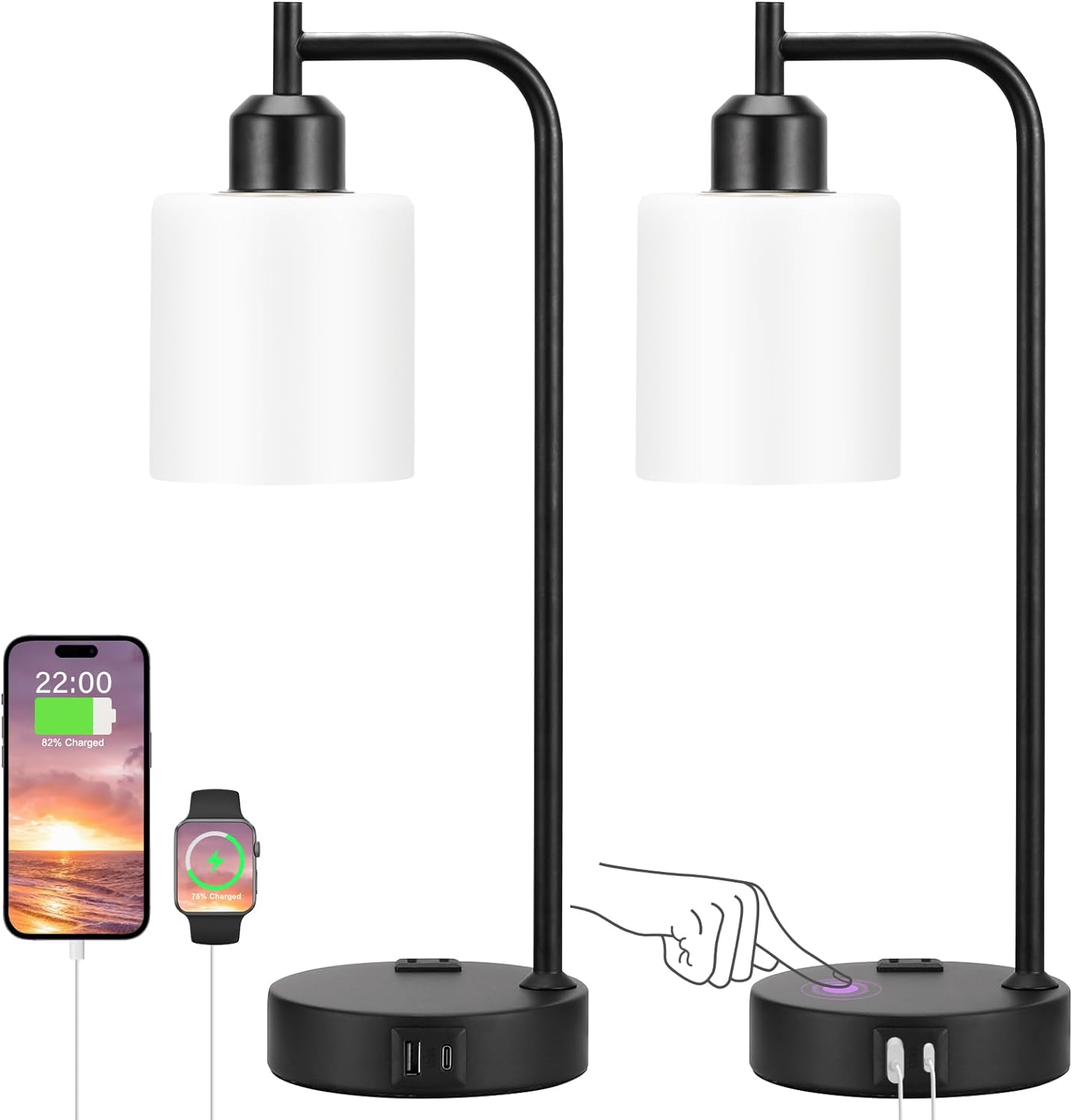 Industrial Touch Lamps for Nightstand Set of 2, 3-Way Dimmable Bedside Lamp