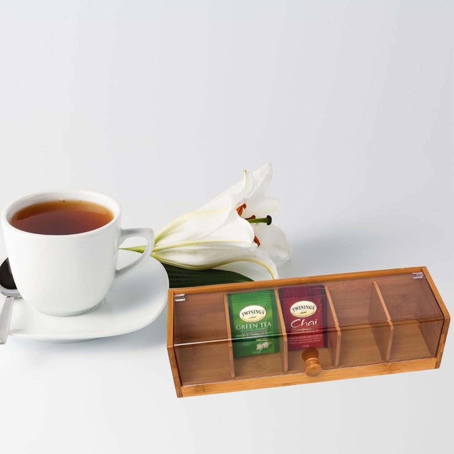RRRICO Bamboo Tea Bag Organizer Box with Clear Acrylic Lid, 5-Compartment Tea Bag Storage Box for Countertop, Cabinet and Pantry, Tea Box for Packets and Sachets