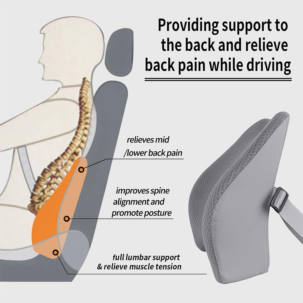 Memory Foam Lumbar Support Pillow for Car - Lower Back Support Cushion for Driving, Back Pain Relief for Car Seat, Office Chair, Wheelchair (Gray)