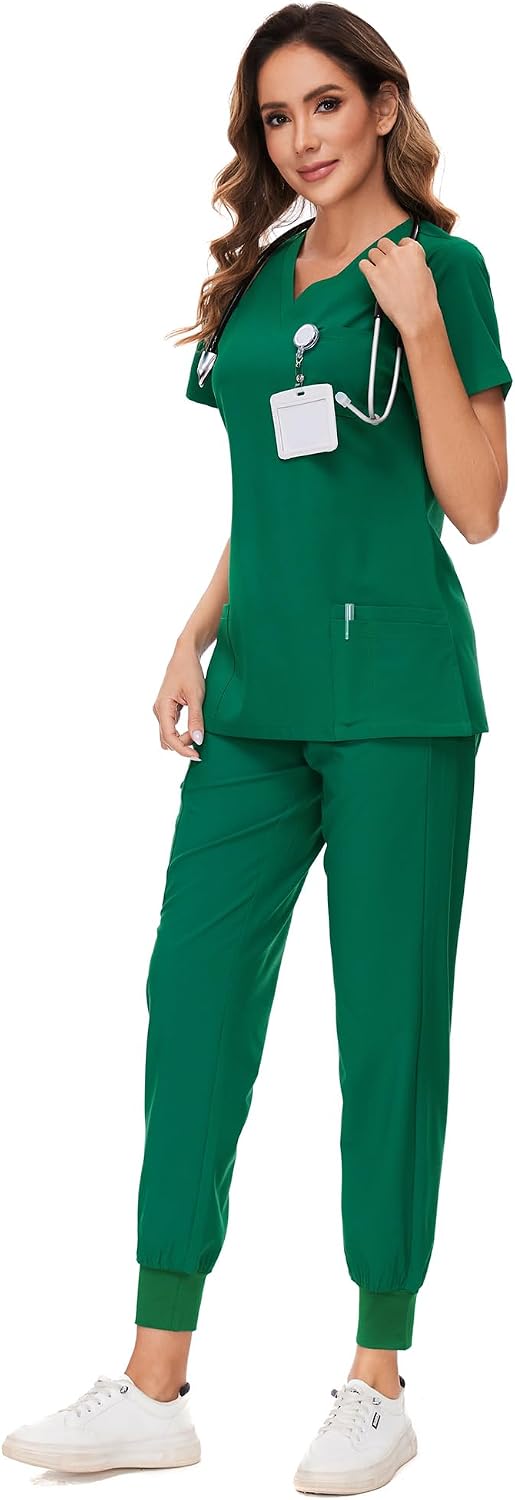 COZYFIT Scrubs for Women Set - Stretch V-Neck Scrub Top & Jogger Pant with 8 Pockets COZY SCRUBS - Colors D
