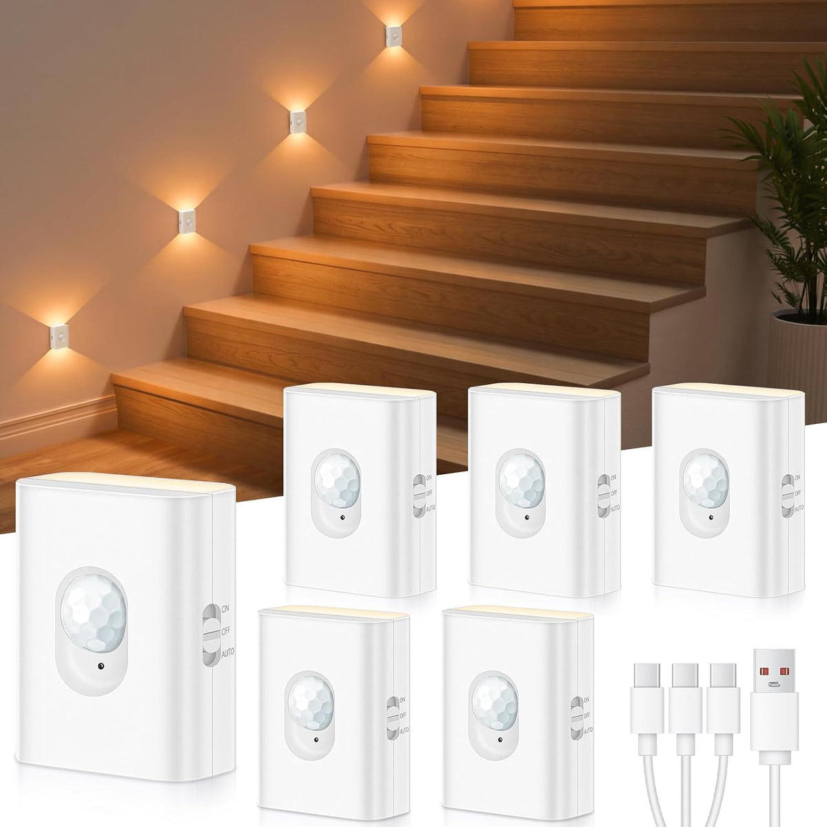 WILLED Rechargeable Motion Sensor Stair Lights Indoor, Warm White Magnetic Stick-on Battery Powered Night Lights for Stairway, Hallway, Bedroom, Closet