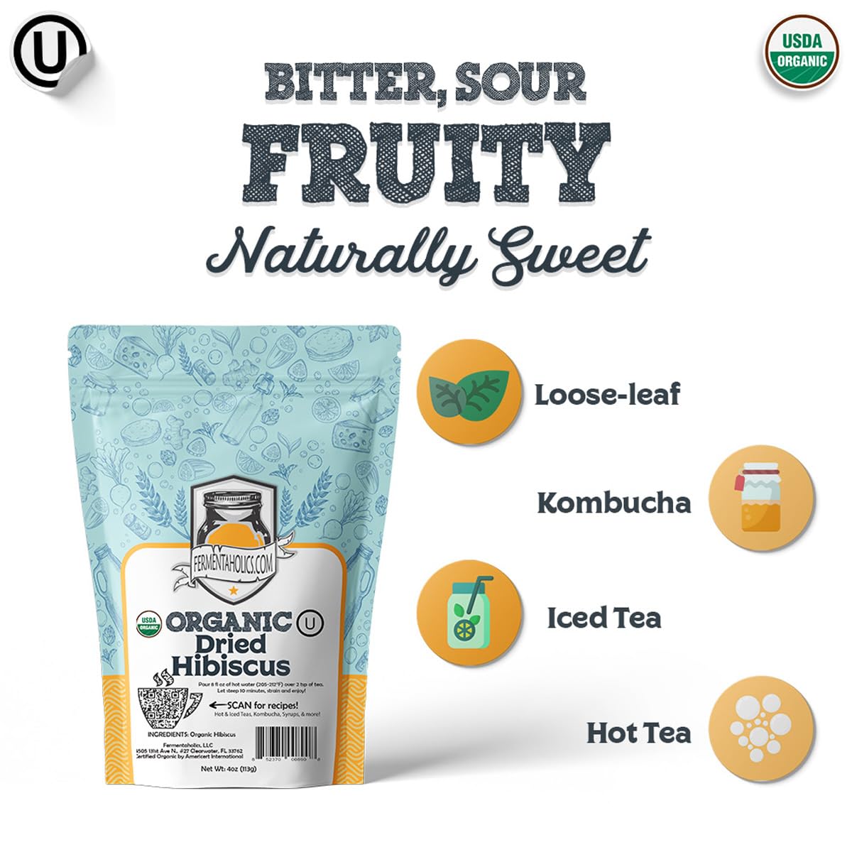 Fermentaholics Organic Hibiscus Tea Loose Leaf Herbal and Tisanes – USDA Organic & OU Kosher, Premium Tea Leaves for Hot or Iced Tea, Kombucha Brewing and Flavoring