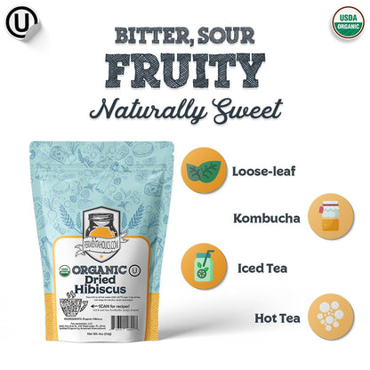 Fermentaholics Organic Hibiscus Tea Loose Leaf Herbal and Tisanes – USDA Organic & OU Kosher, Premium Tea Leaves for Hot or Iced Tea, Kombucha Brewing and Flavoring