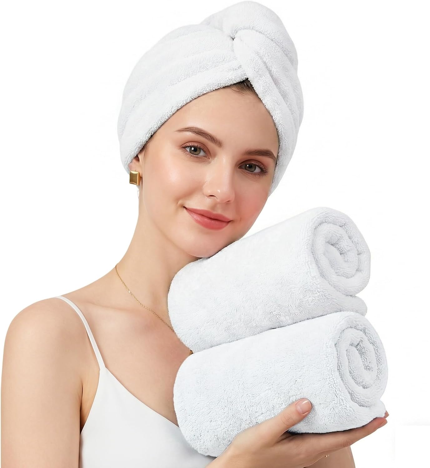Mandydov 100% Cotton Hair Towel Wrap for Women, 2 Pack Thickened & Super Absorbent Turbans, Anti Frizz Quick Dry Hair Towels (Blue, Pink Blush)