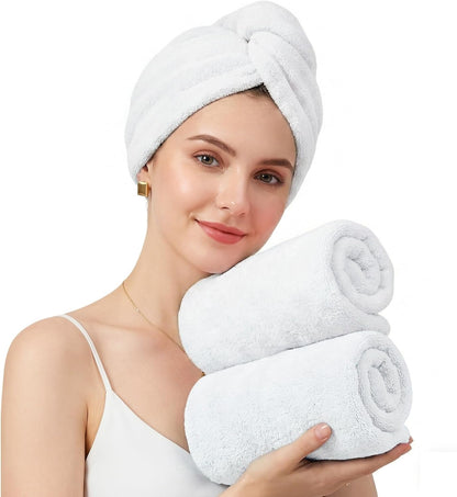 Mandydov 100% Cotton Hair Towel Wrap for Women, 2 Pack Thickened & Super Absorbent Turbans, Anti Frizz Quick Dry Hair Towels (Blue, Pink Blush)