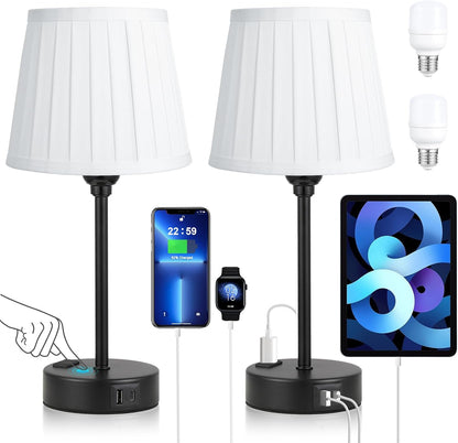 Mini Bedside Lamps for Bedrooms Set of 2 - Nightstand Bedroom Lamps with USB C Port and AC Outlet Charging, Dimmable Touch Small Bed Side Table Lamp, Black Night Stand Light for Kids/Guest Room