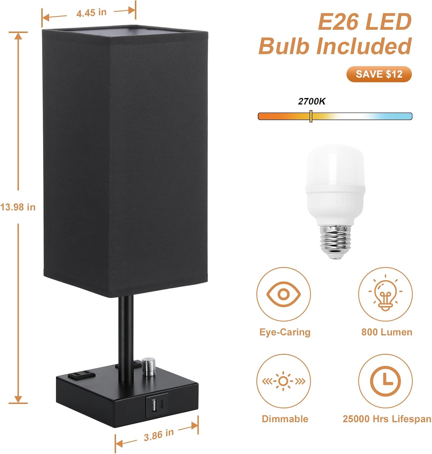 Bedside Table Lamps Set of 2 for Bedroom - Dimmable, USB C+A, 2 AC Outlets