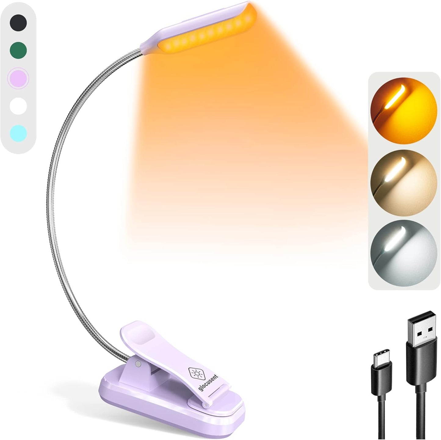 Glocusent Willow Book Light for Reading in Bed, 10LED Bright Reading Light, 3 Colors & 3 Brightness, Rechargeable Book Light Lasts for 80hr, Lightweight Clip on Book Light, Perfect for Book Lovers