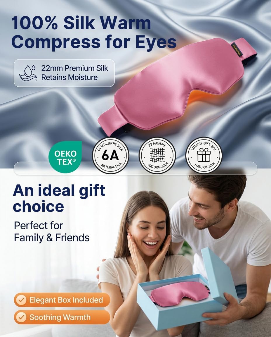 Heated Eye Mask for Dry Eyes, USB Powered Silk Warm Eye Compress & Eye Heating Pad, Washable Dry Eye Mask with 3 Heat & 4 Timer Settings for Blepharitis Stye Migraine Sinus MGD Puffiness（Blue）