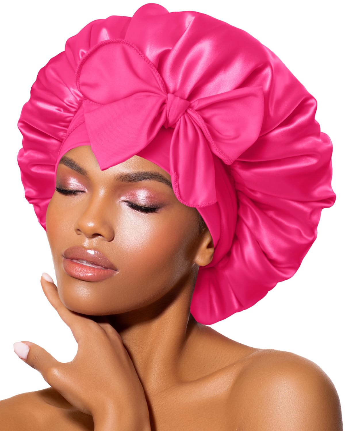 BONNET QUEEN Silk Bonnet for Sleeping for Women Satin Bonnet Night Cap for Curly Hair with Tie Band, Single Layer, Cream Pink