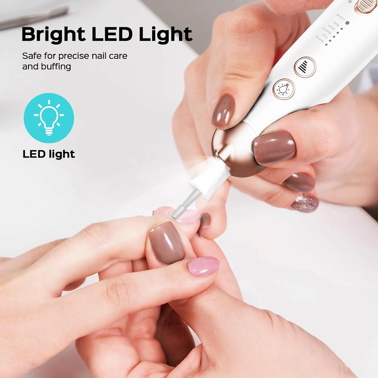 COSLUS C43 Professional Manicure Pedicure Kit, 5-in-1 Electric Nail File for Toenail Hand Feet, Basic & Thick Nails Care, Cordless, 5 Speeds, for Men Women Seniors Home Salon, Wider Grinder, White