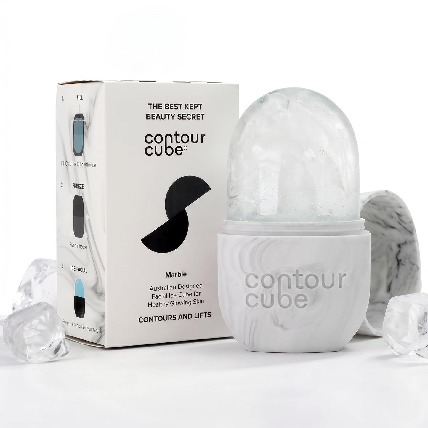 Contour Cube Original - Ice Roller for Sculpting & De-Puffing - Face Ice Roller & Massager with BPA-Free Silicone - Ice Mold for Face - Skin Care Tools for Daily Skincare (180ml) - Marble