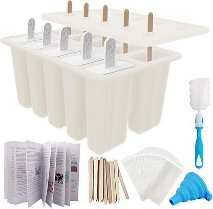Miaowoof Homemade Popsicle Molds, 10-Cav Non-BPA Silicone Ice Pop Maker, with 50 Sticks, 50 Bags, 10 Reusable Sticks, Funnel, Brush and Ice Pop Recipe (Red)