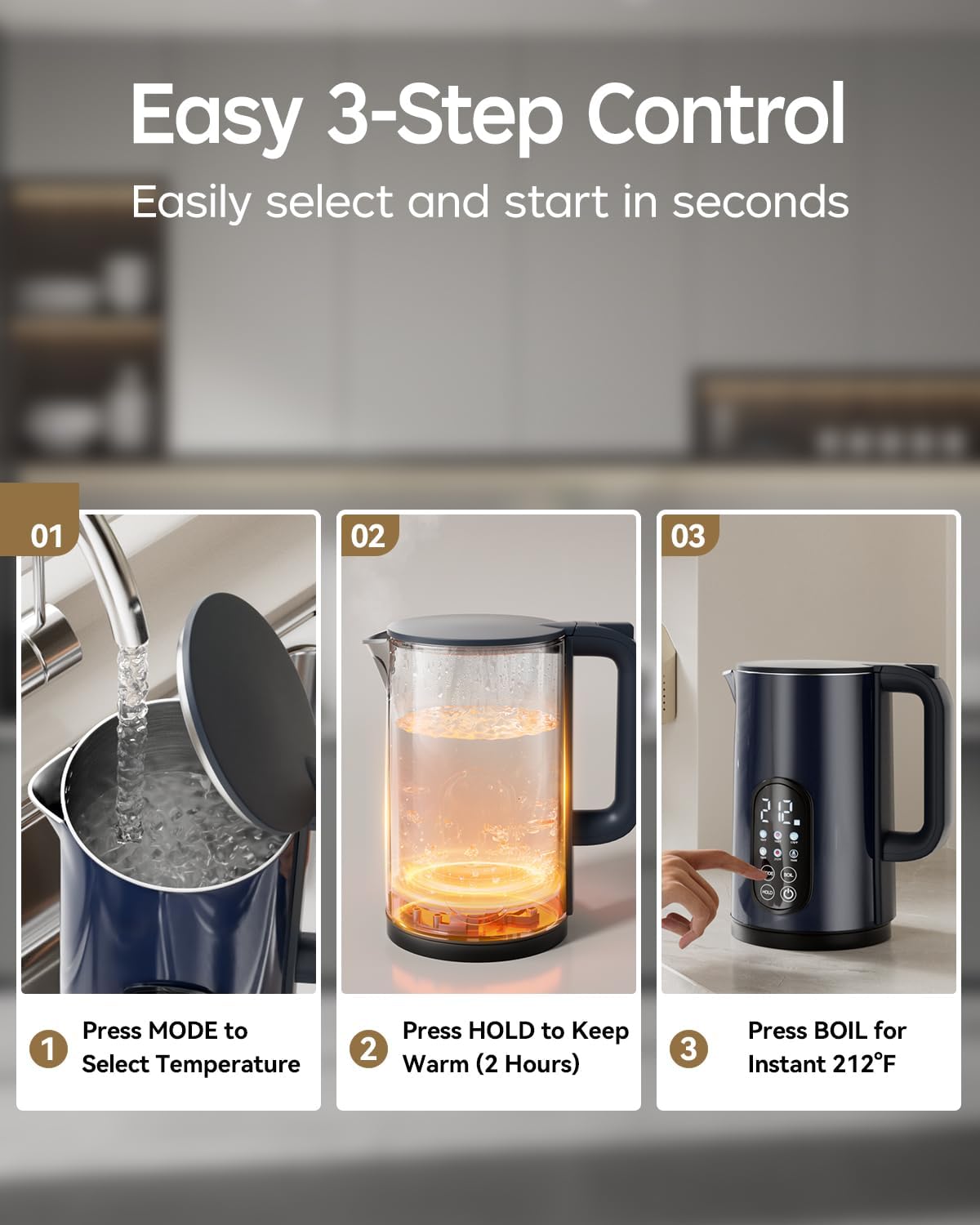 Electric Kettle with Temperature Control, 1.7L Hot Water Kettle for Tea, Coffee & Daily Use, 5 Presets, 2H Keep Warm, Stainless Steel Interior, Auto Shut-Off, Cordless Electric Tea Kettle, Blue