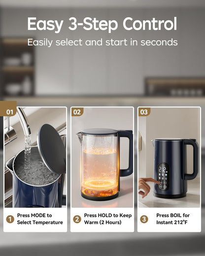Electric Kettle with Temperature Control, 1.7L Hot Water Kettle for Tea, Coffee & Daily Use, 5 Presets, 2H Keep Warm, Stainless Steel Interior, Auto Shut-Off, Cordless Electric Tea Kettle, Blue
