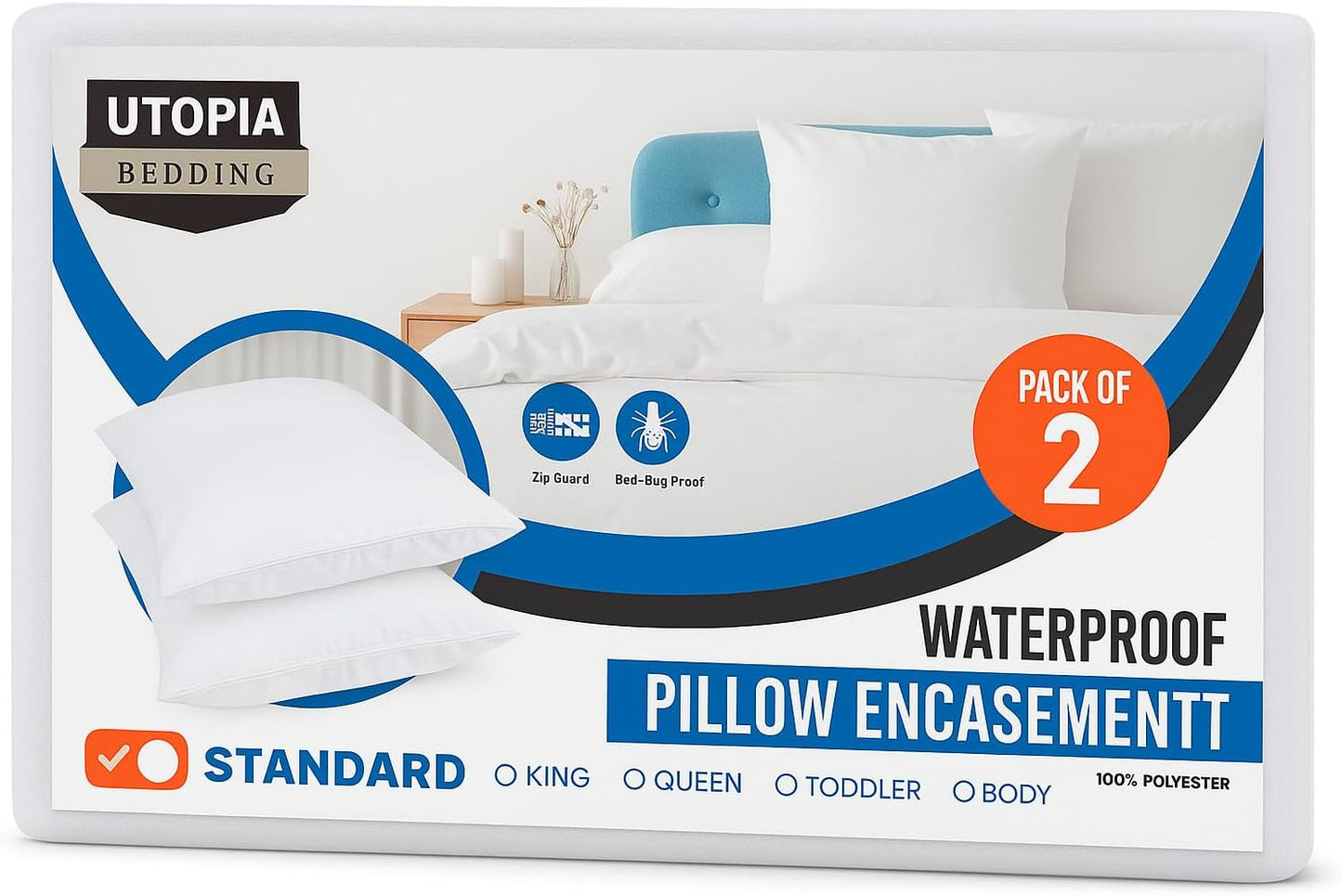 Set of 4 Pillow Protectors with Zipper Standard Size, Bed Bug and Dust Mite Proof Pillow Covers, Ultra Soft Pillow Encasements, Moisture Wicking and Waterproof Pillow Cases by Utopia Bedding (White)