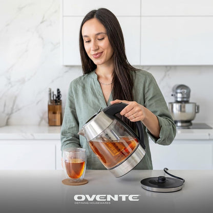 OVENTE 1.7L Glass Electric Kettle with Tea Infuser, Silver KGD913S