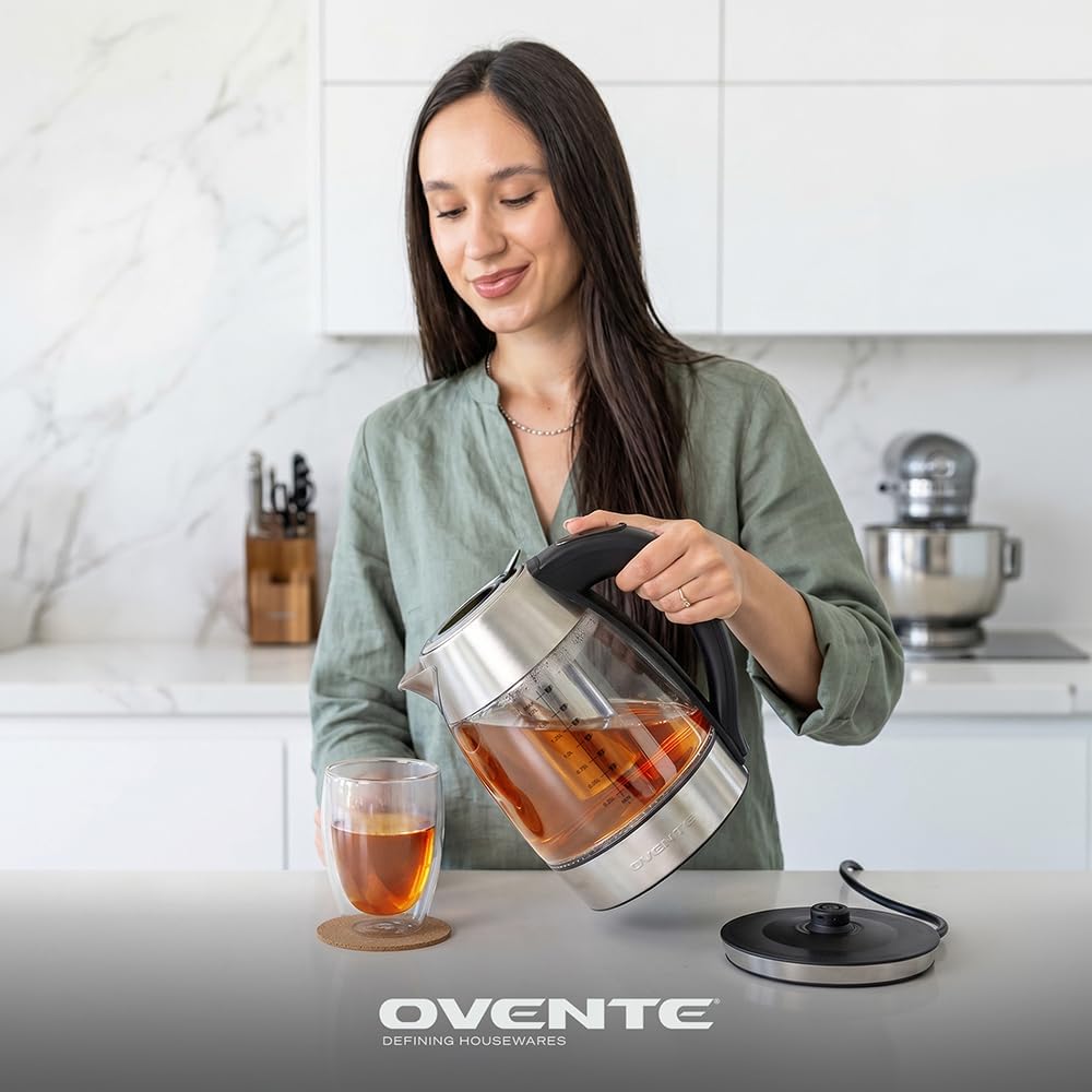 OVENTE 1.8L Glass Electric Kettle with Tea Infuser, Silver KGD752S
