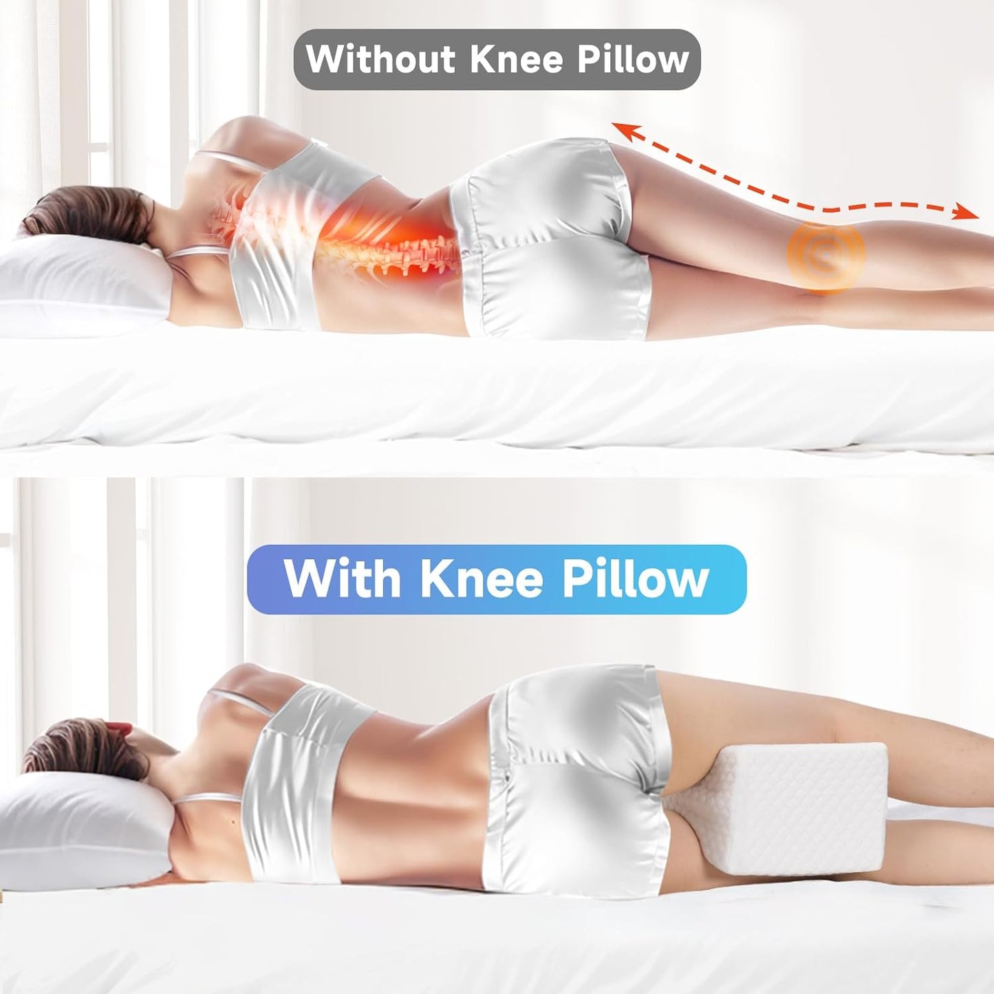 CloudBliss Knee Pillow for Side Sleepers-Cooling Leg Pillow for Side Sleeping, Memory Foam Knee Pillow for Hip Pain, Lower Back Pain, Sciatica Pain, Knee Wedge Pillow with Contour Design, White