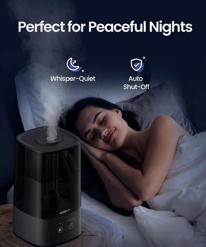 ROSEKM Humidifiers for Bedroom (1.1L), Small Cool Mist Humidifier for Home Plant and Baby Nursery, Quiet Ultrasonic Humidifier with 360° Nozzle, Auto Shut-Off, Filterless, Black