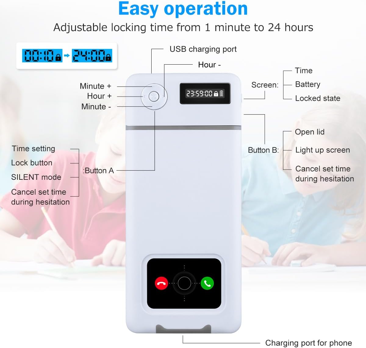 Phone Lock Box with Timer,Phone Lock Box,90 Days of Continuous Use,Quiet Mode,2 Charging Ports,Excessive Games,Mobile Phone Addiction
