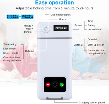 Phone Lock Box with Timer,Phone Lock Box,90 Days of Continuous Use,Quiet Mode,2 Charging Ports,Excessive Games,Mobile Phone Addiction