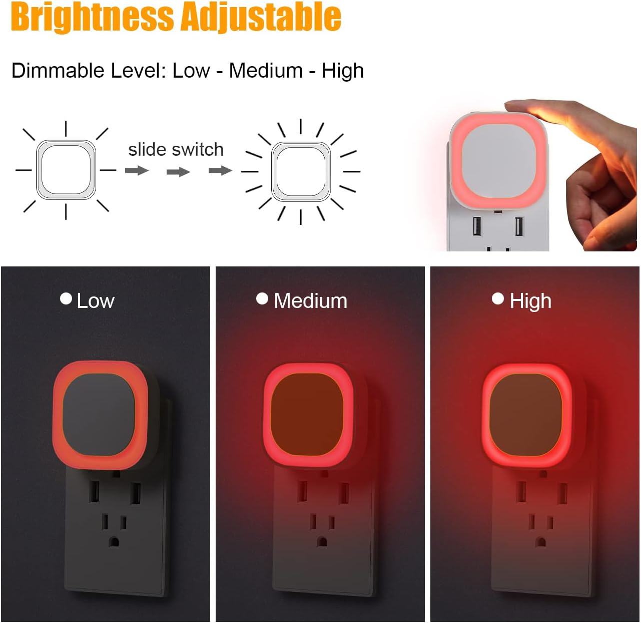 YUNLEX 2 Pack Amber Night Light, Dusk to Dawn Sensor, Warm Glare-Free Reflected Glow, 3-Level Dimmer, Auto On/Off, Plug-in LED Nightlight for Bedroom, Kids, Bathroom, Sleep, Baby Nursery, Toddler