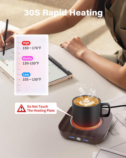 Mug Warmer - 3-Temp Settings Coffee Mug Warmer for Desk with 4 Hrs Auto Shut Off, Fastest Heating & Smart Wood Candle Warmer - Ideal Coffee Gifts Accessories Keep Beverages Coffee Warmer