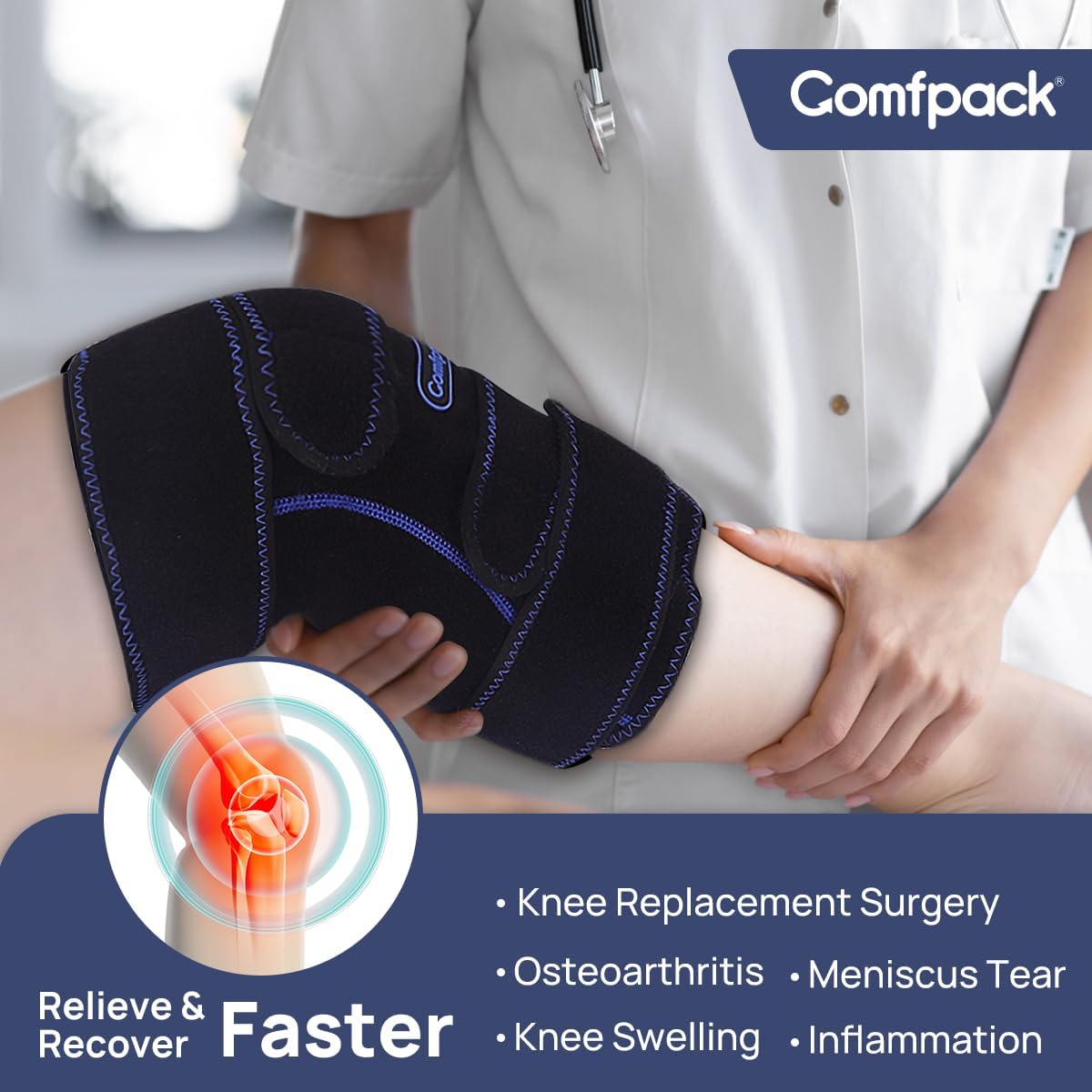 Comfpack Compression Knee Ice Pack Wrap for Sports Injuries, Large Knee Brace with Ice Pack for Swelling and Recovery Support, Sprains, Meniscus Tear, Osteoarthritis, ACL