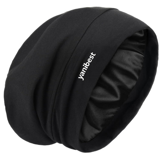 YANIBEST Hair Cover Bonnet Satin Sleep Cap - Adjustable Stay on Silk Lined Slouchy Beanie for Night Sleeping Surgical Hats Pure Black