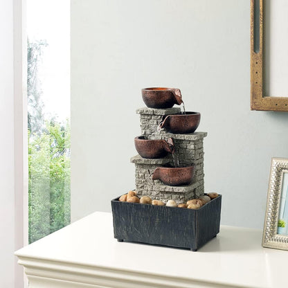 Kalona Indoor Tabletop Water Fountain – 3-Tier Resin Waterfall with LED Lights, Mini Bonsai Planter & Cascading Water Flow – Soothing Desk Fountain for Home, Office, Meditation Decor(22024)