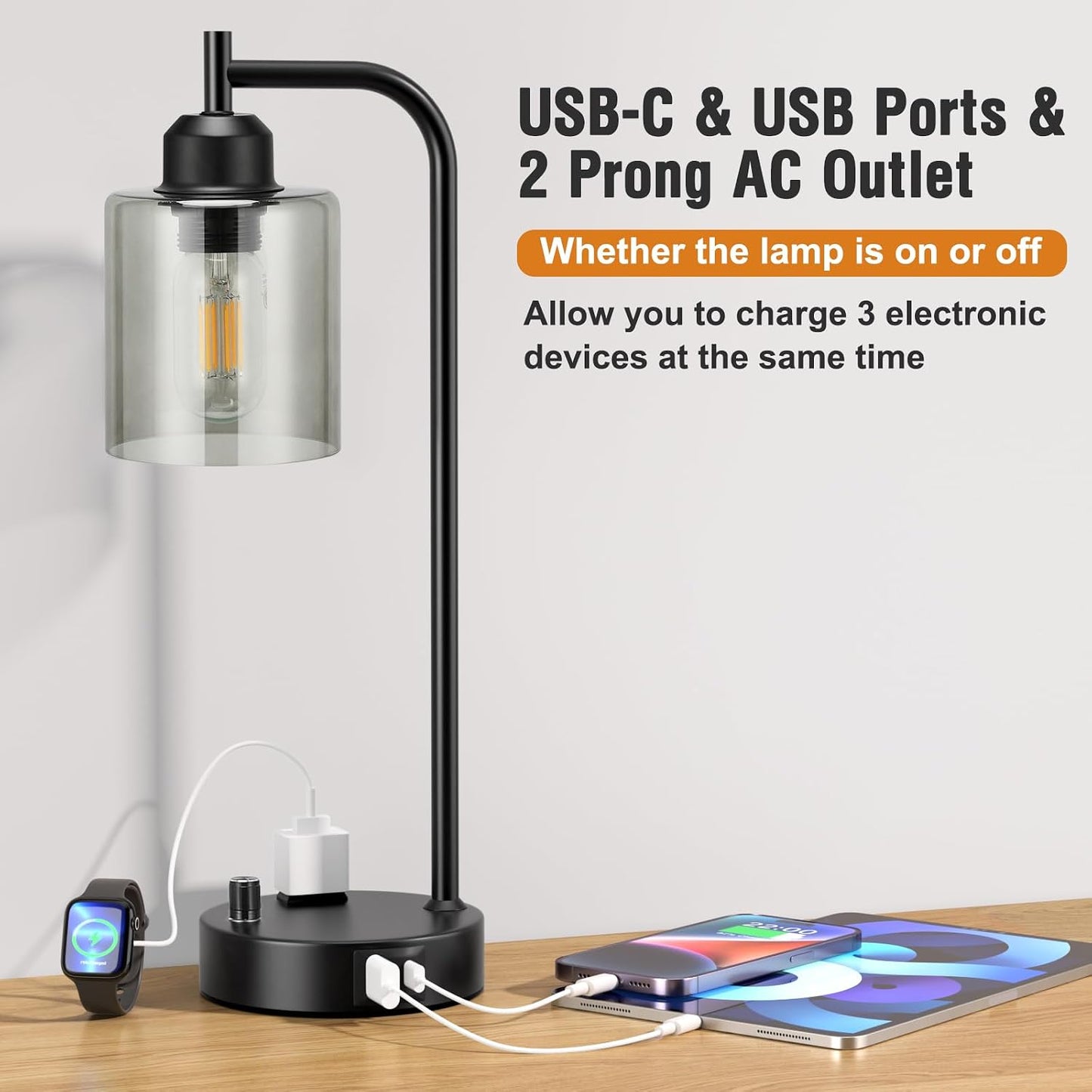 Industrial Table Lamps for Bedrooms Set of 2 - Fully Dimmable Bedside Lamps with USB A and C Ports and Outlet, Black Nightstand Lamps with Glass Shade for Living Room, Desk Lamps for Office Reading