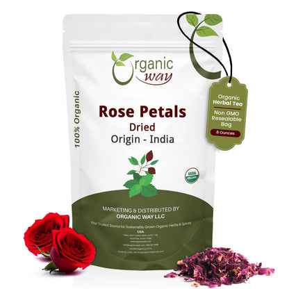Organic Way Rose Petals Dried - Herbal Tea - 100% Raw from India (8 Oz)
