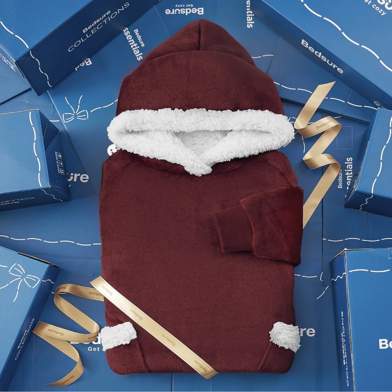 Bedsure Wearable Blanket Hoodie, Long Hooded Blanket Sweatshirt as Mothers Birthday Gifts for Women, Cozy Sherpa Hoodie for Adult, Standard, Grey