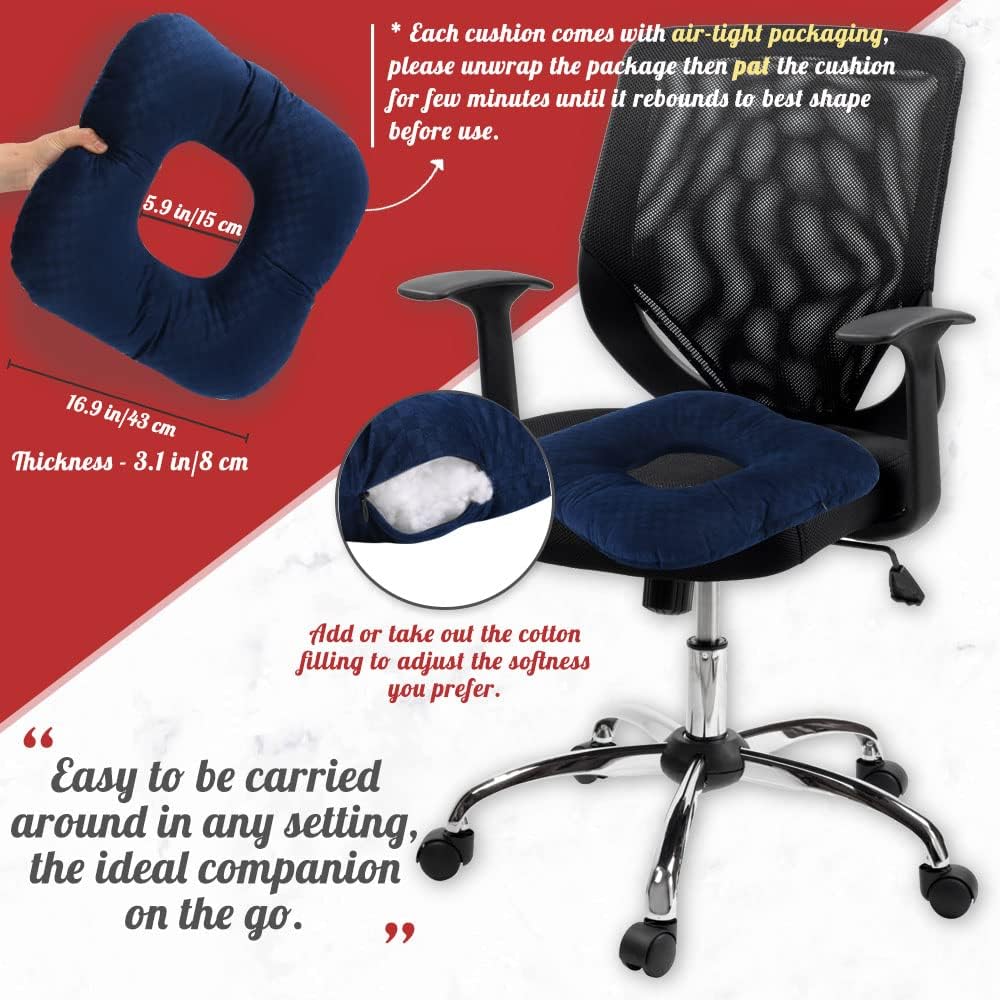 Stuffed Donut Pillow Seat Cushion | for Tailbone and Coccyx Pain, Hemorrhoids, Bed Sores, Pregnancy, Prostate, Surgery Recovery, Sitting Pressure Relief, for Home, Office and Car (Grey)