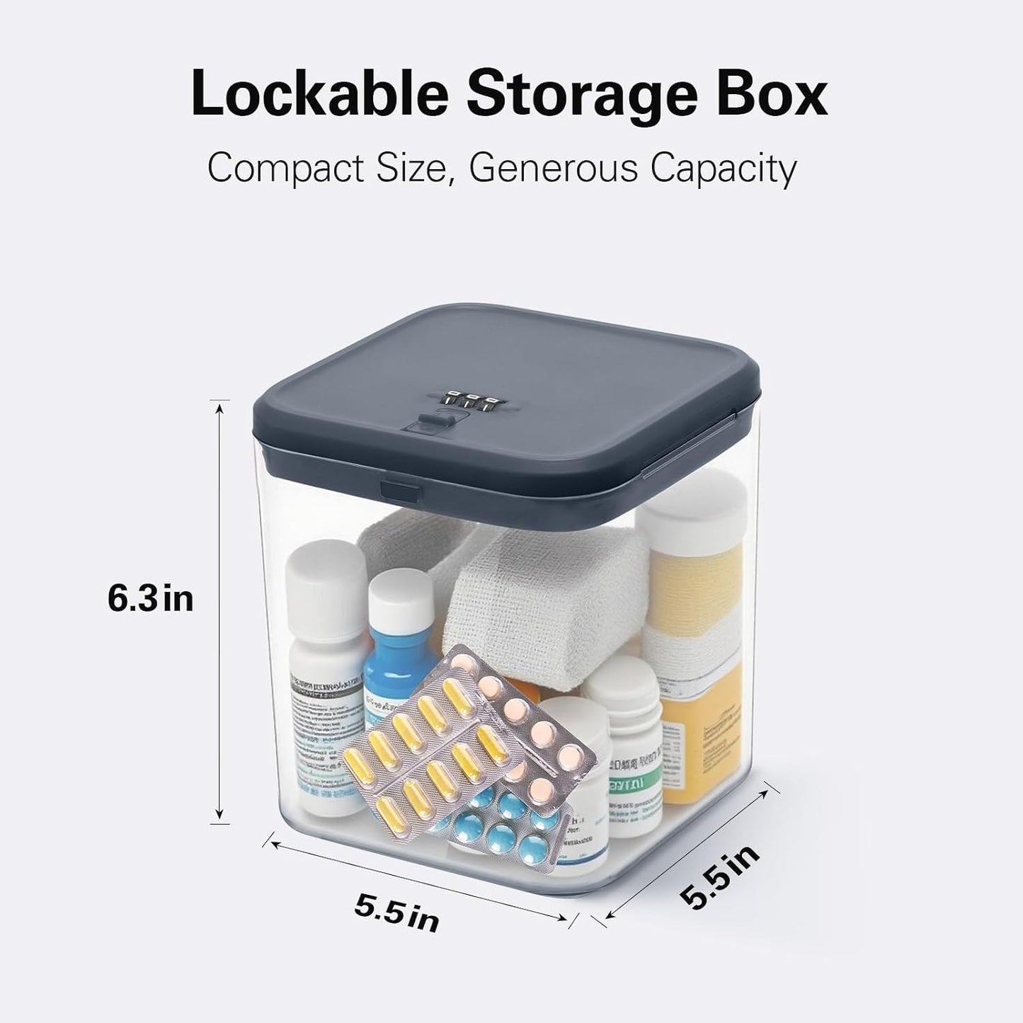 2 Pack Large Medication Lock Box with Code, Clear Lockable Storage Box for Refrigerator, Cabinet & Dorm, Stackable Medicine Box for Prescriptions, Snacks, Phone, 11.9" x 9.3" x 7.6", Black
