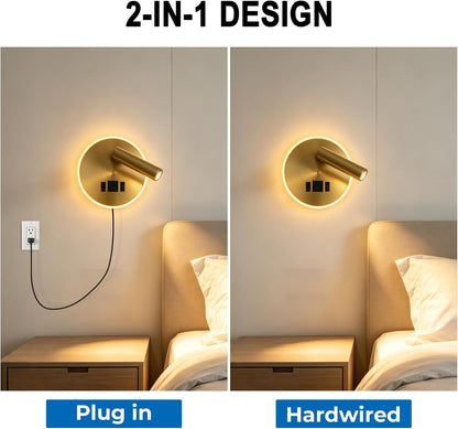 Plug in Wall Lamps for Bedroom Living Room, Wall Mounted Reading Lights with USB C+A Charging Ports, Headboard Lamp 360°Rotation, Wall Mount Lamp with 3 Color Temperature 3W+9W Night Light