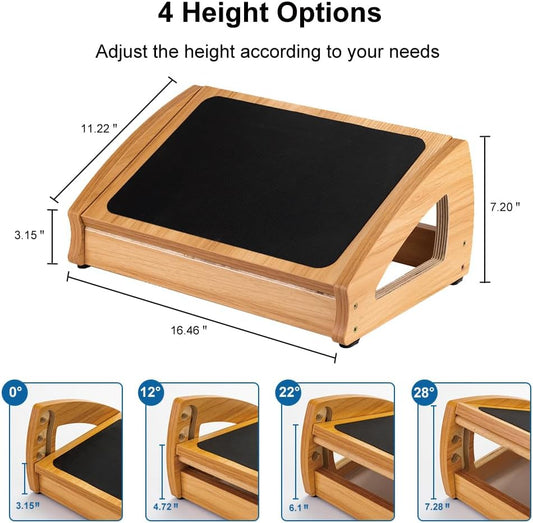 StrongTek Wooden Under Desk Footrest, 4 Heights, 400 lb, Office Foot Rest