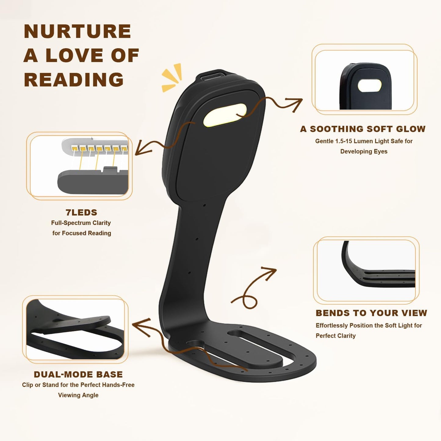 Rechargeable Kids Book Light, Cute Bookmark Reading Light for Kids, Dimmable Portable LED Book Light for Reading in Bed, Eye-Caring Bedtime Reading Lamp for Children & Travel, Black