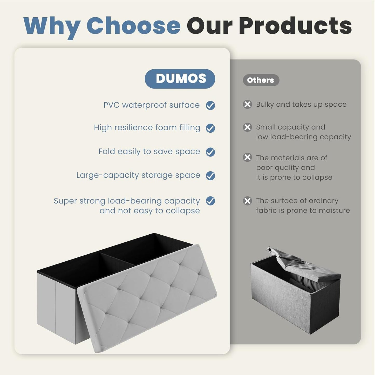 DUMOS 43 Inch Folding Storage Ottoman Bench, Large Hidden Storage Chest with Thicker Foam Padded Seat, End of Bed Foot Rest Stool for Bedroom Living Room Entryway, Load 660 lbs, Grey