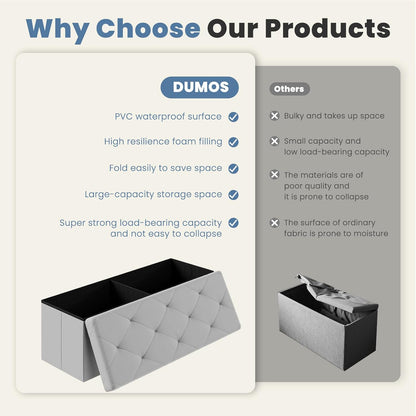 DUMOS 43 Inch Folding Storage Ottoman Bench, Large Hidden Storage Chest with Thicker Foam Padded Seat, End of Bed Foot Rest Stool for Bedroom Living Room Entryway, Load 660 lbs, Grey